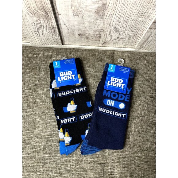 2 Pairs of Bud Light Navy Blue Black Fun Party Crew Socks Size 10-13 - Picture 1 of 4